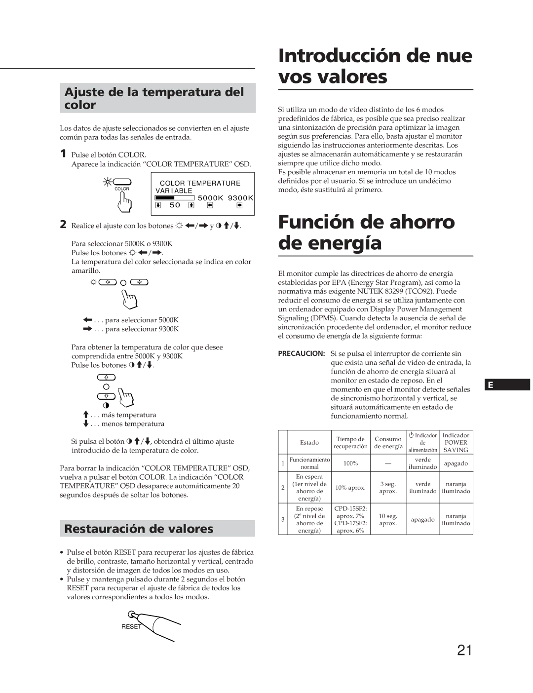 Sony CPD-15SF2 manual Introducción de nue vos valores, Función de ahorro de energía, Ajuste de la temperatura del color 