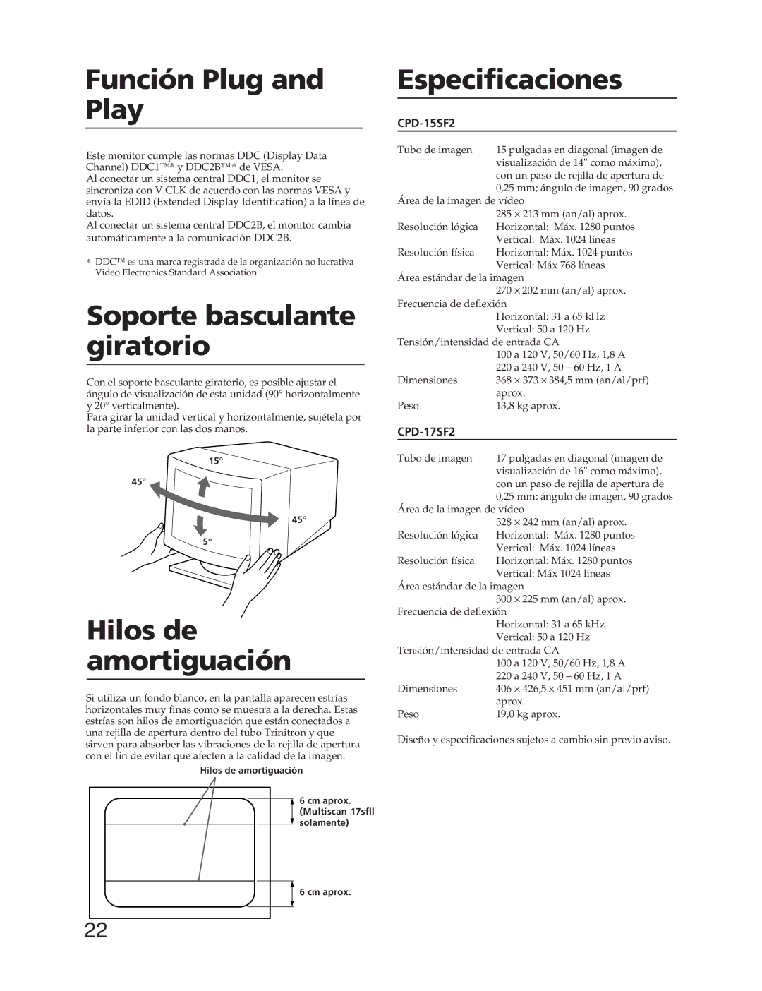 Sony CPD-17SF2, CPD-15SF2 Función Plug and Play, Soporte basculante giratorio, Hilos de amortiguación, Especificaciones 