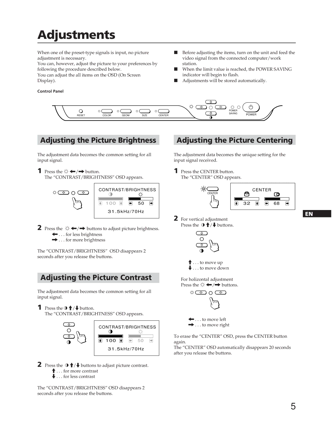 Sony CPD-15SF2, CPD-17SF2 manual Adjustments, Adjusting the Picture Contrast 