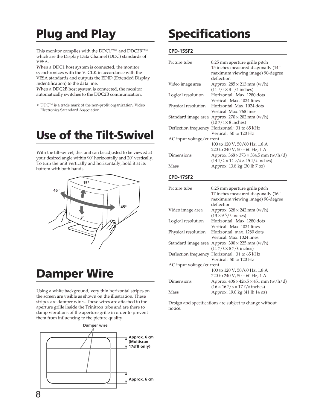 Sony CPD-17SF2, CPD-15SF2 manual Plug and Play, Use of the Tilt-Swivel, Damper Wire, Specifications 