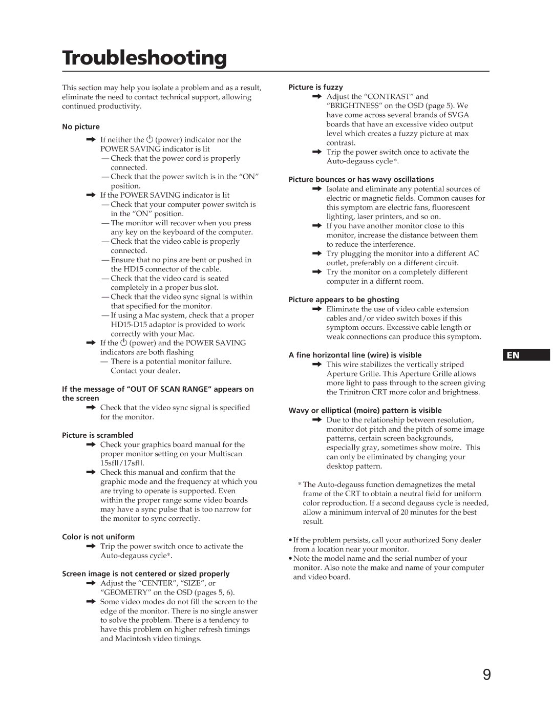 Sony CPD-15SF2, CPD-17SF2 manual Troubleshooting 