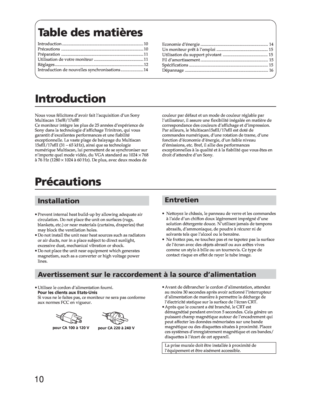 Sony CPD-17SF2, CPD-15SF2 manual Table des matières, Précautions, InstallationEntretien, Introduction 