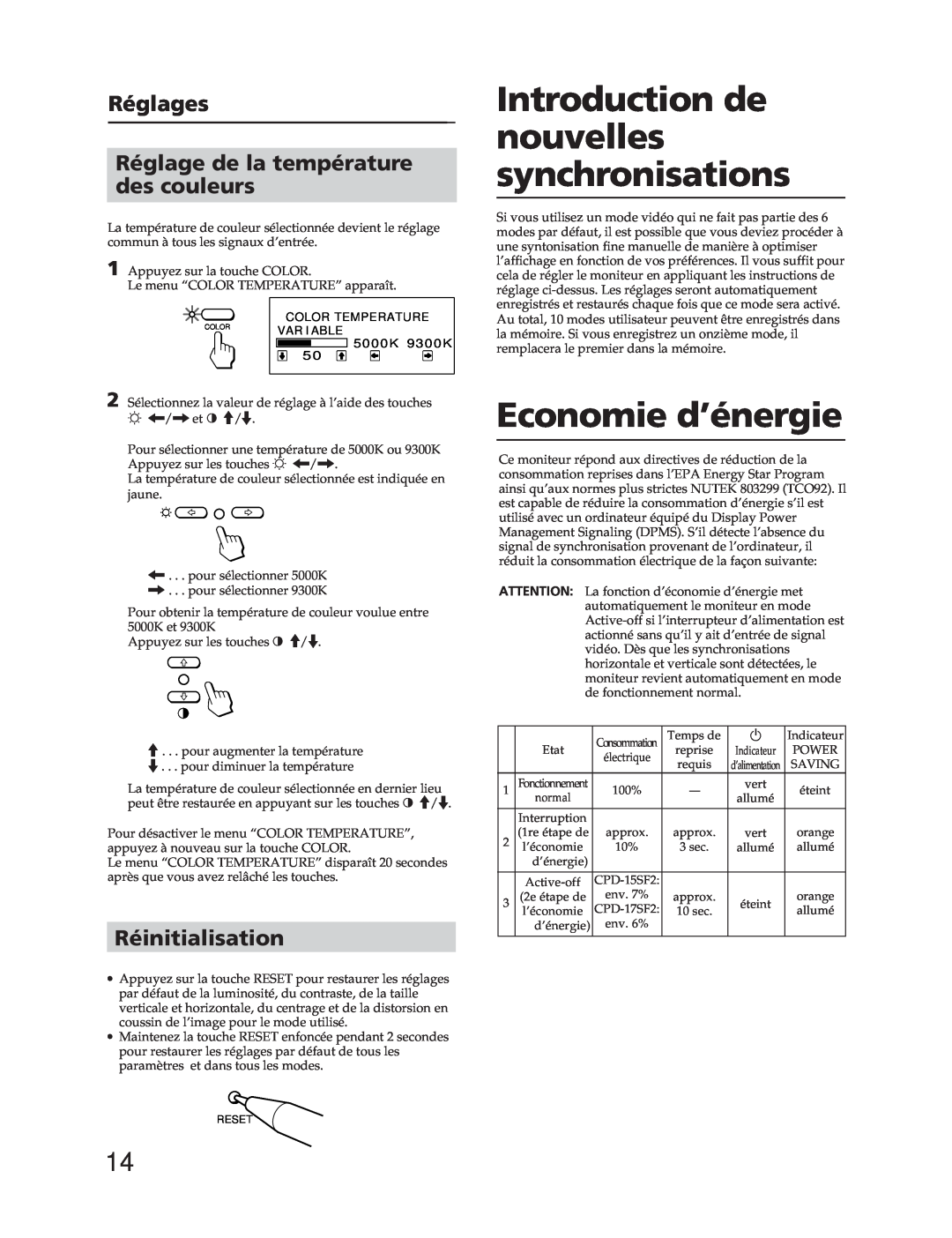 Sony CPD-17SF2, CPD-15SF2 manual Introduction de nouvelles synchronisations, Economie d’énergie, Réinitialisation 
