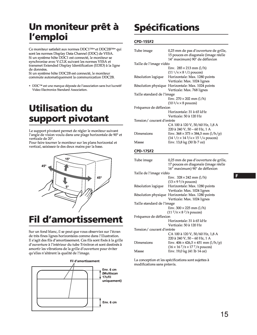 Sony CPD-15SF2 manual Un moniteur prêt à l’emploi, Utilisation du support pivotant, Fil d’amortissement, Spécifications 