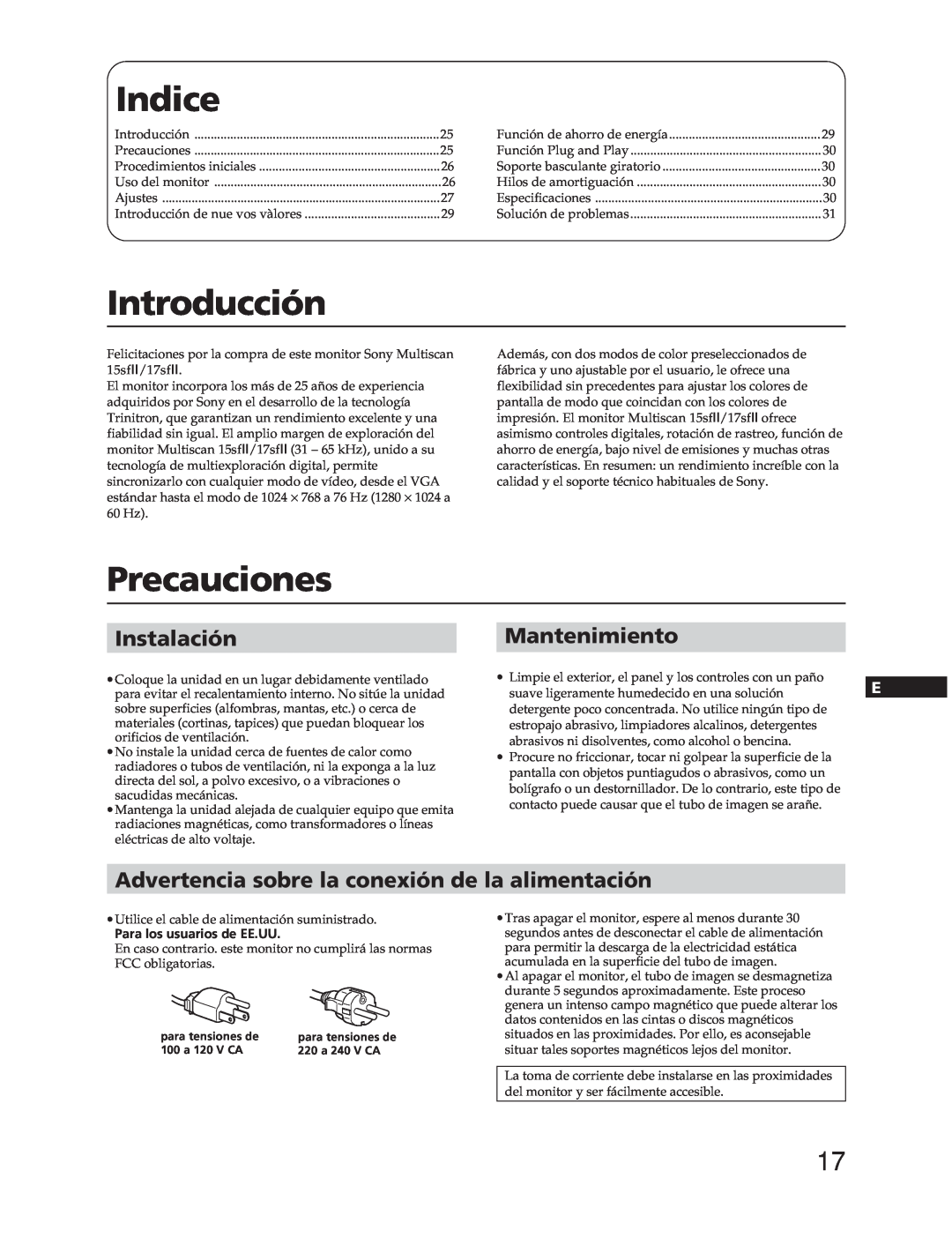 Sony CPD-15SF2, CPD-17SF2 manual Indice, Introducción, Precauciones, Instalación, Mantenimiento 