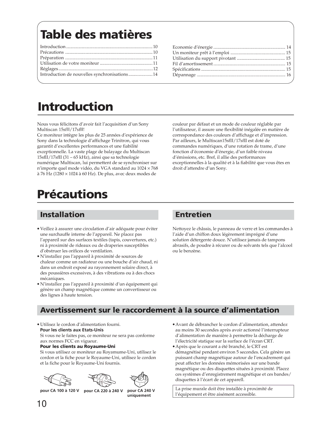 Sony CPD-17SF2T, CPD-15SF2T manual Table des matières, Précautions, InstallationEntretien, Pour les clients aux Etats-Unis 