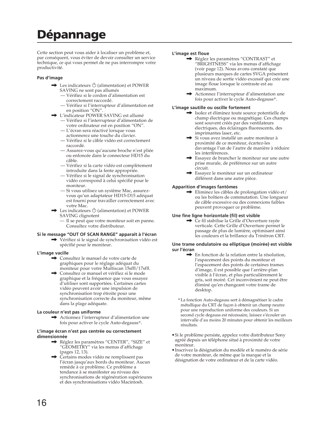 Sony CPD-17SF2T, CPD-15SF2T manual Dépannage 