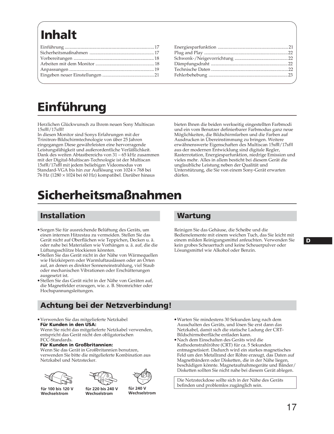 Sony CPD-15SF2T, CPD-17SF2T Inhalt, Einführung, Sicherheitsmaßnahmen, Installation Wartung, Achtung bei der Netzverbindung 