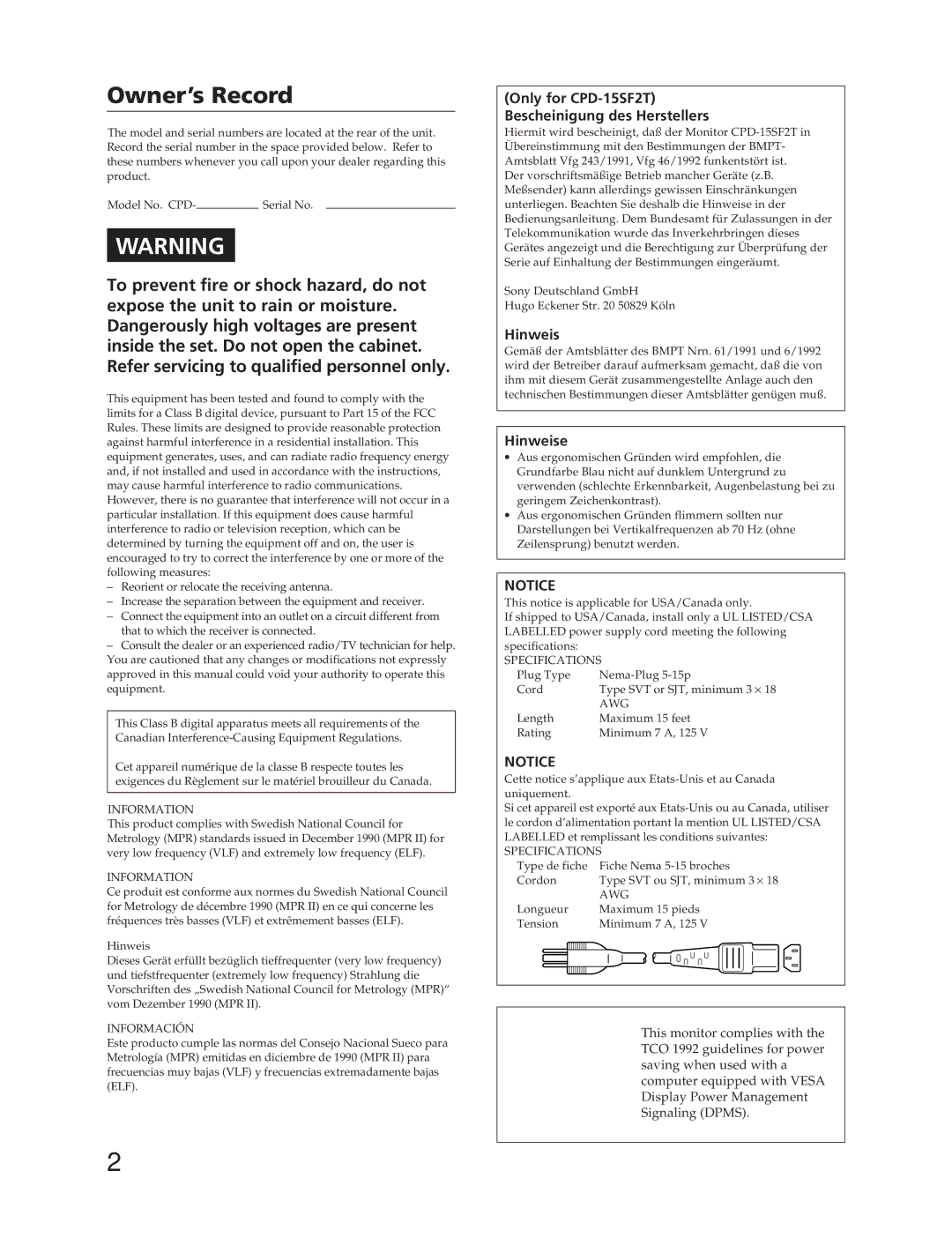 Sony CPD-17SF2T, CPD-15SF2T manual Owner’s Record 