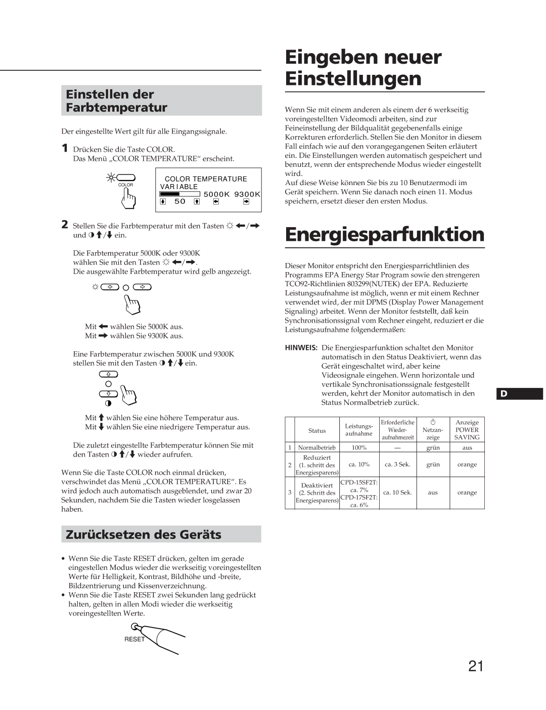 Sony CPD-15SF2T Eingeben neuer Einstellungen, Energiesparfunktion, Einstellen der Farbtemperatur, Zurücksetzen des Geräts 