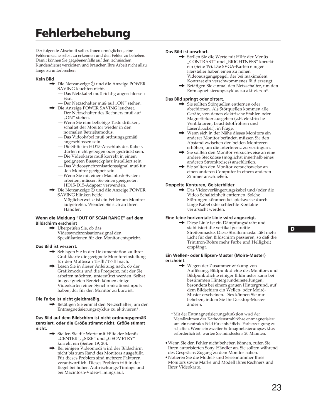 Sony CPD-15SF2T, CPD-17SF2T manual Fehlerbehebung 