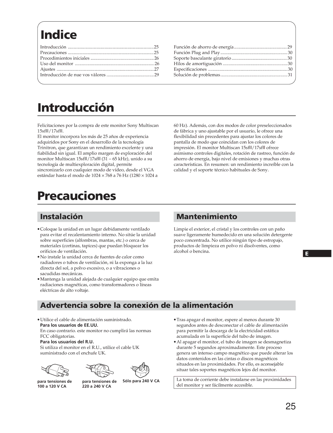 Sony CPD-17SF2T, CPD-15SF2T manual Indice, Introducción, Precauciones, InstalaciónMantenimiento 