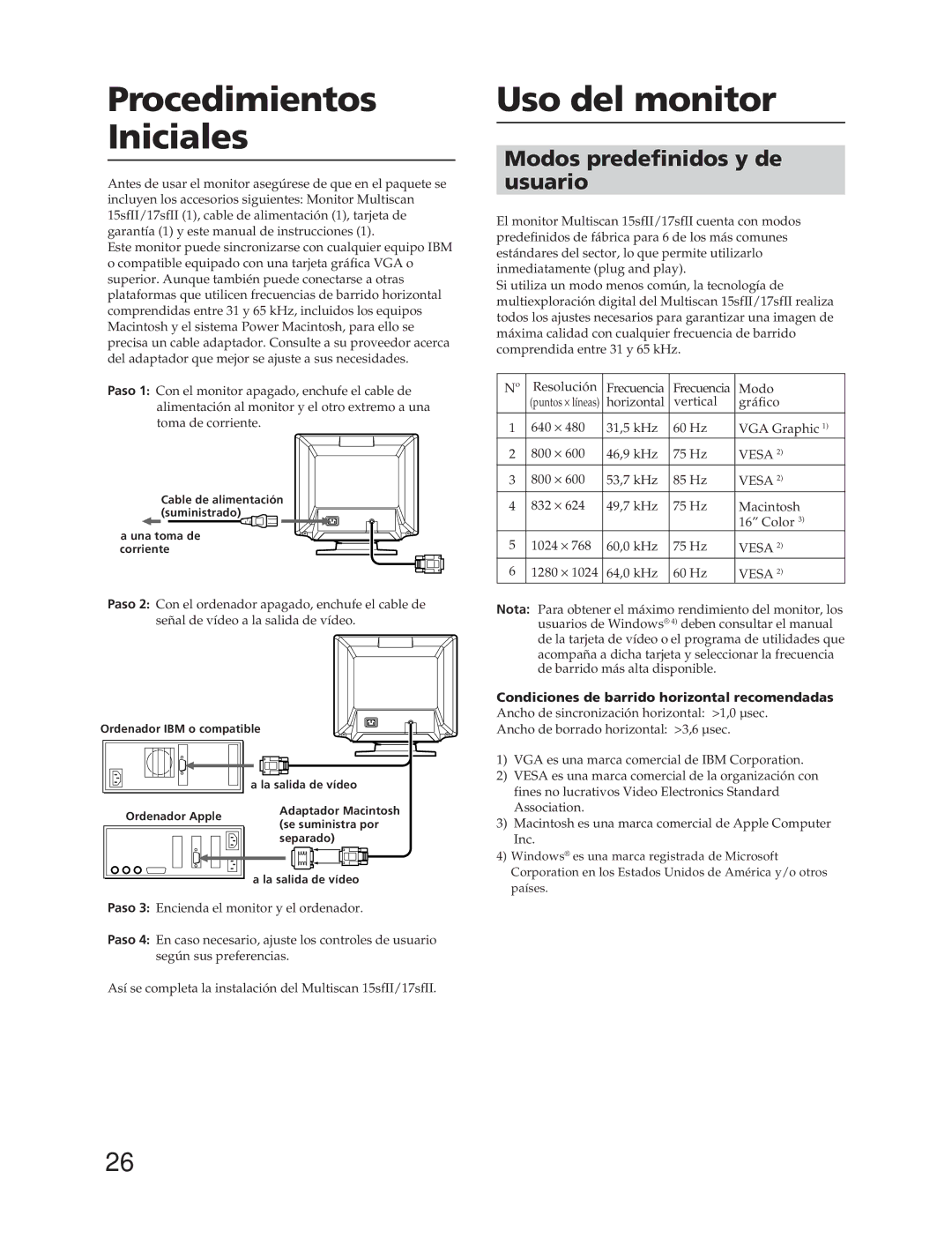 Sony CPD-15SF2T, CPD-17SF2T manual Procedimientos Iniciales, Uso del monitor, Modos predefinidos y de usuario 