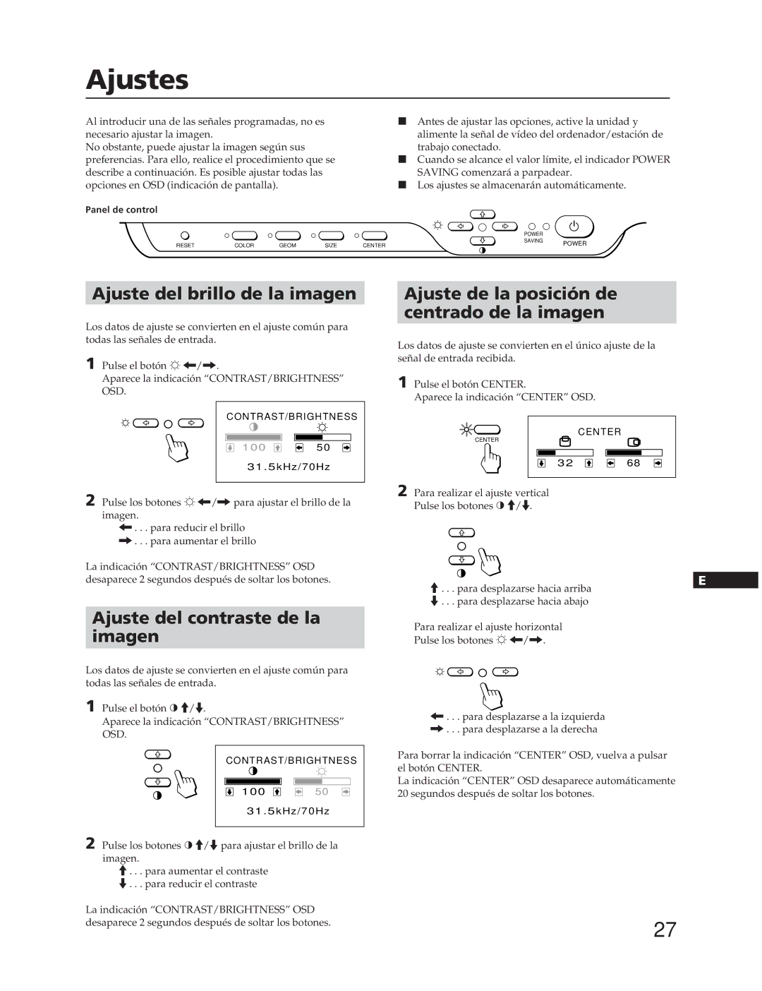 Sony CPD-17SF2T, CPD-15SF2T manual Ajustes, Ajuste del brillo de la imagen, Ajuste del contraste de la imagen 