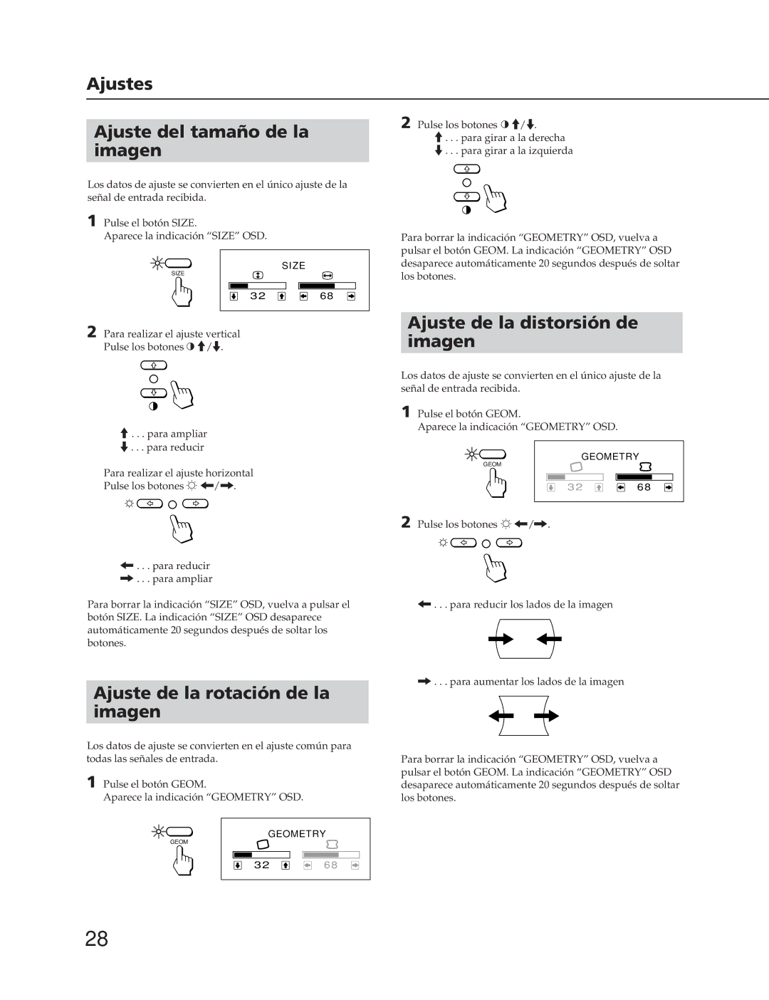 Sony CPD-15SF2T, CPD-17SF2T manual Ajustes Ajuste del tamaño de la imagen, Ajuste de la distorsión de imagen 