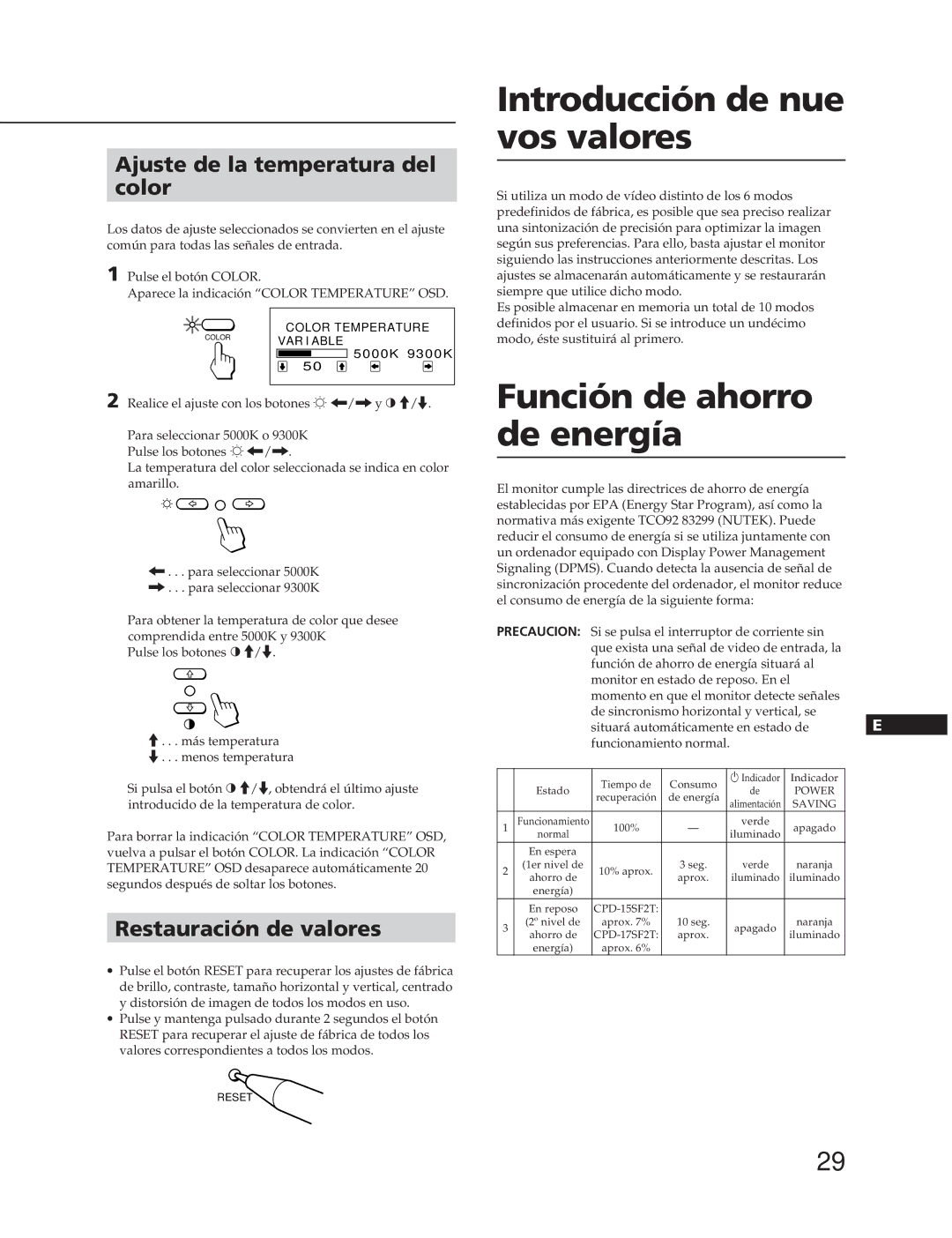 Sony CPD-17SF2T manual Introducción de nue vos valores, Función de ahorro de energía, Ajuste de la temperatura del color 