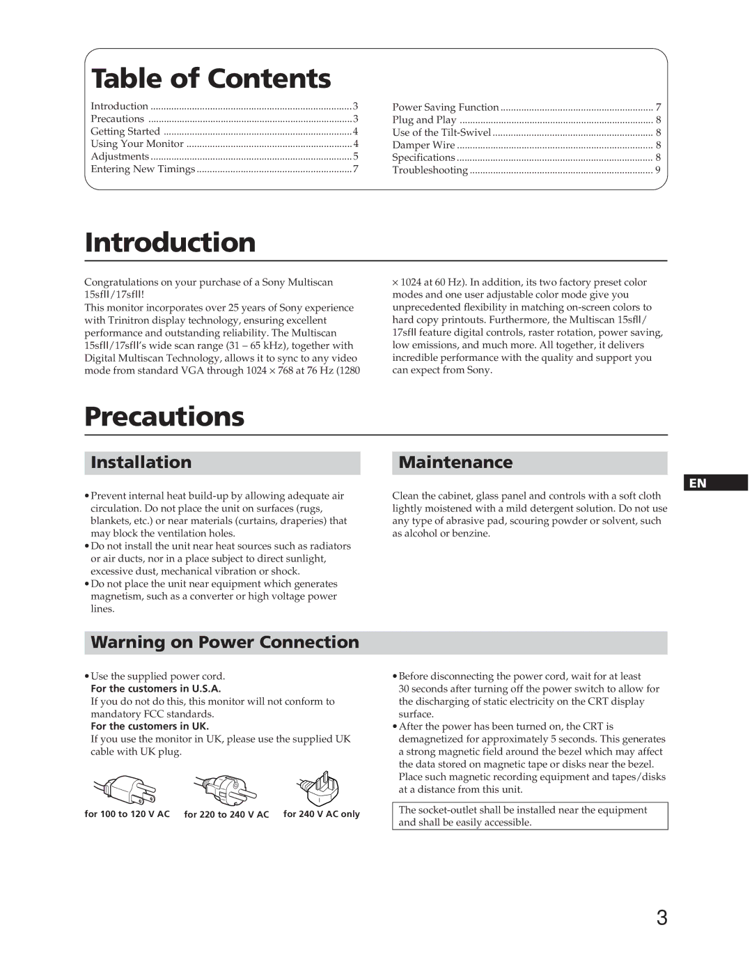 Sony CPD-15SF2T, CPD-17SF2T manual Table of Contents, Introduction, Precautions 