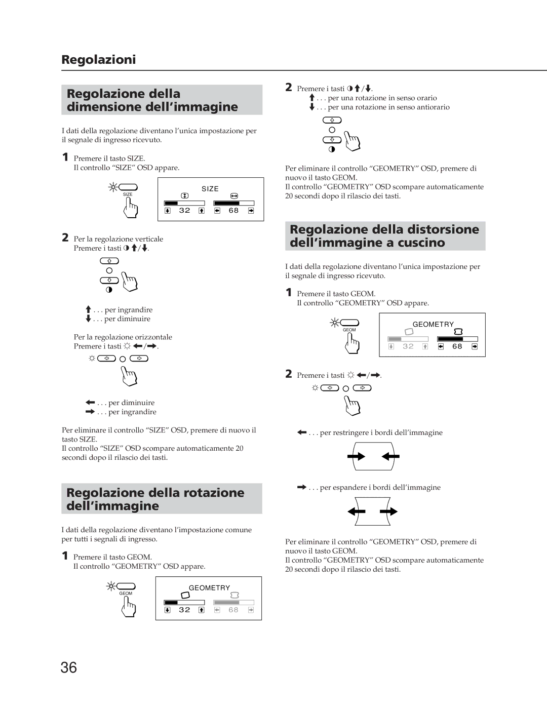 Sony CPD-17SF2T, CPD-15SF2T manual Regolazioni Regolazione della dimensione dell’immagine 