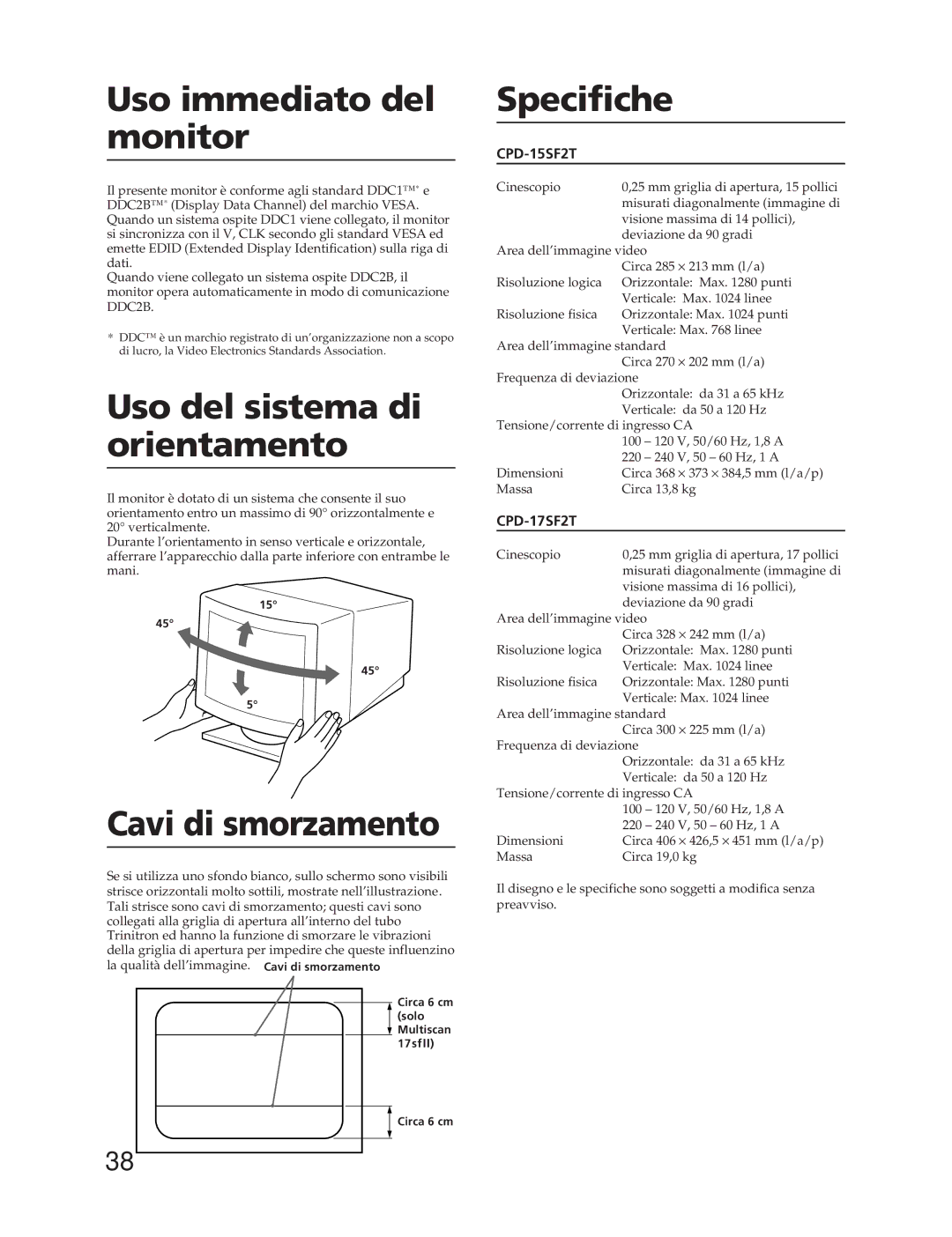 Sony CPD-17SF2T, CPD-15SF2T Uso immediato del monitor, Uso del sistema di orientamento, Cavi di smorzamento, Specifiche 