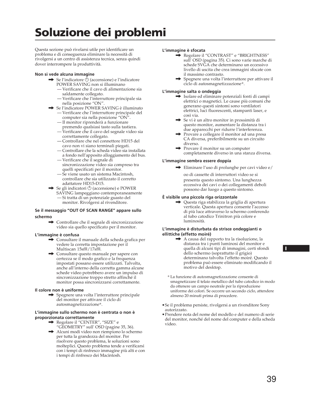 Sony CPD-15SF2T, CPD-17SF2T manual Soluzione dei problemi 