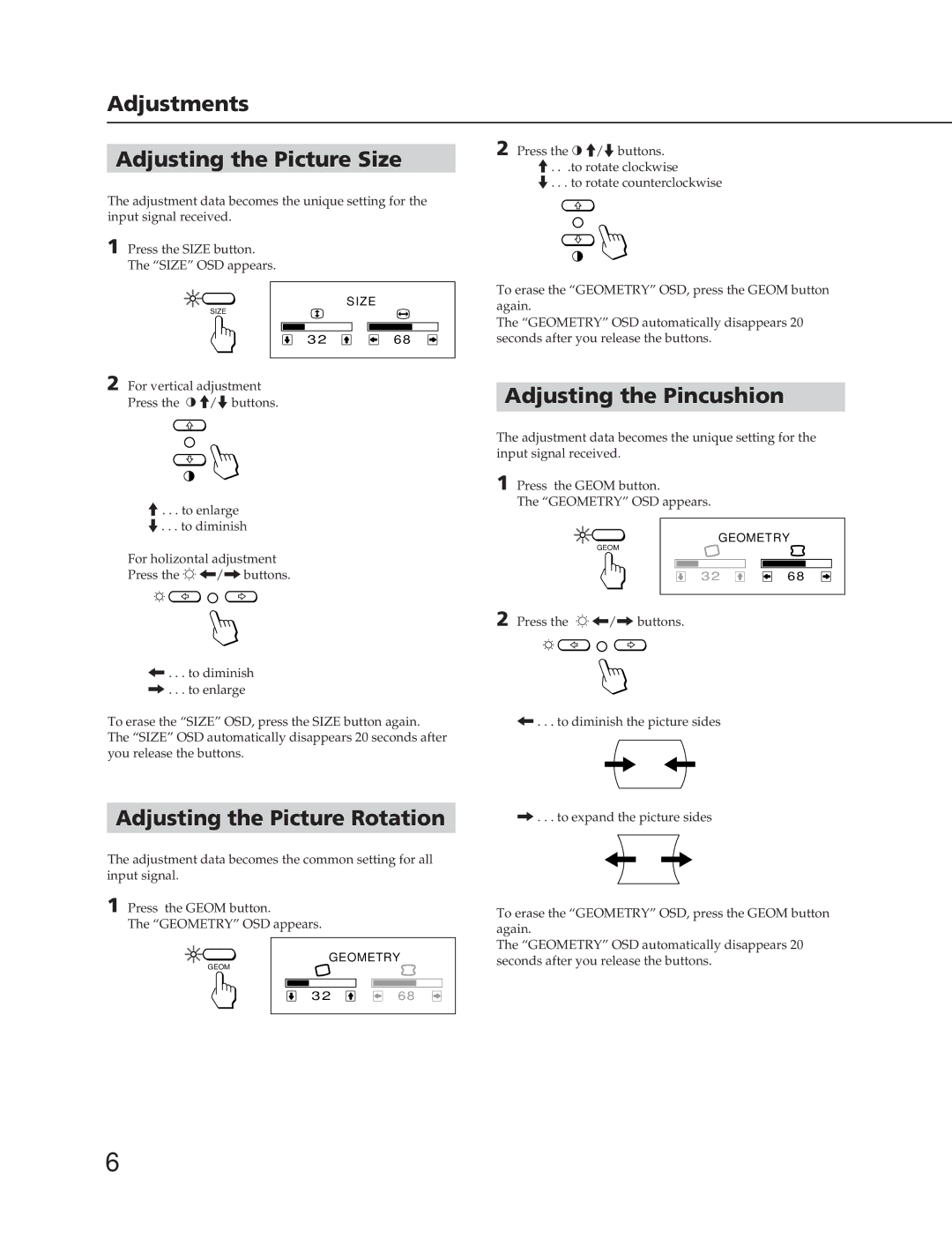 Sony CPD-17SF2T manual Adjustments, Adjusting the Picture Size, Adjusting the Pincushion, Adjusting the Picture Rotation 