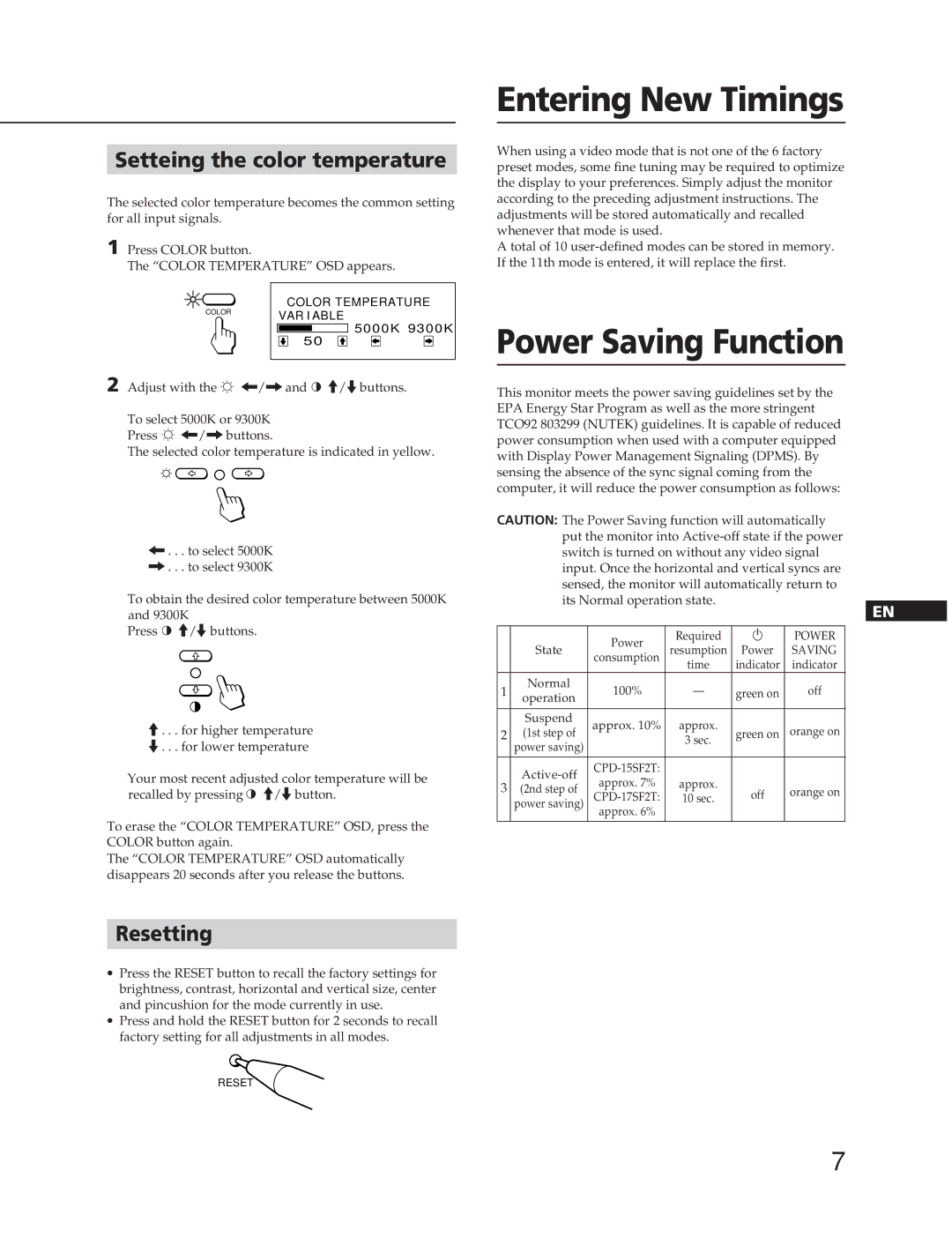 Sony CPD-15SF2T, CPD-17SF2T manual Entering New Timings, Power Saving Function, Setteing the color temperature, Resetting 