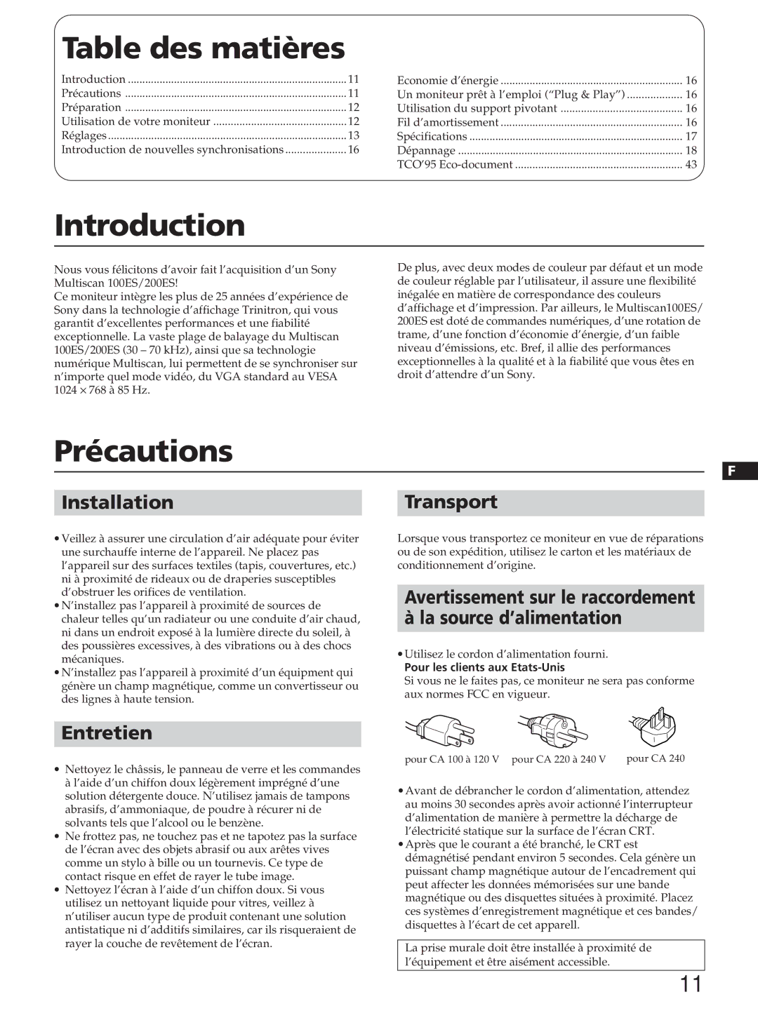 Sony CPD-100ES, CPD-100EST, CPD-200ES, CPD-200EST manual Table des matières, Précautions, Installation Transport, Entretien 