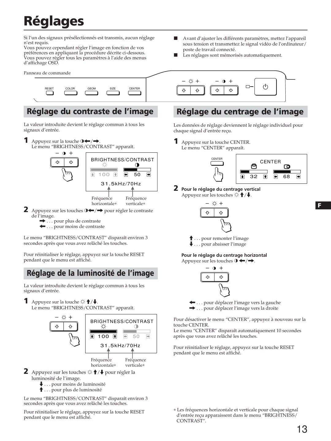 Sony CPD-100ES, CPD-100EST, CPD-200ES, CPD-200EST manual Réglages, Réglage de la luminosité de l’image 