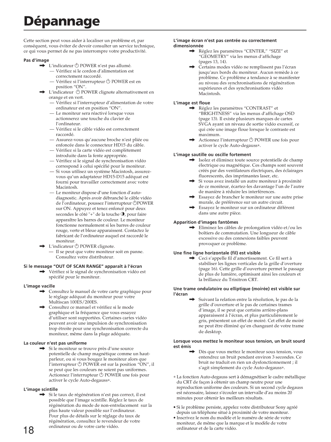 Sony CPD-200ES, CPD-200EST, CPD-100ES, CPD-100EST, CPD-100ES, CPD-100EST, CPD-200ES, CPD-200EST manual Dépannage 