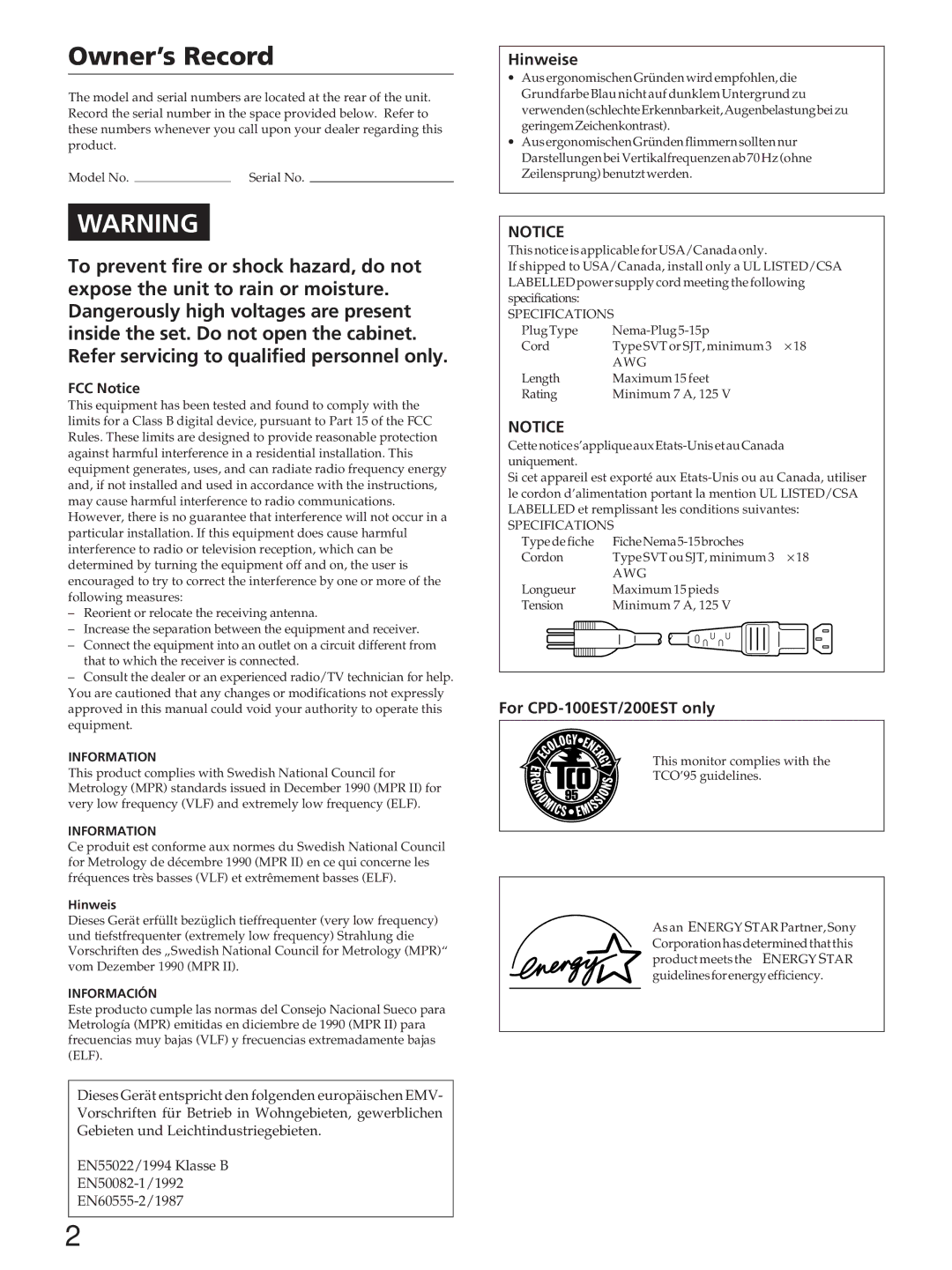 Sony CPD-200ES, CPD-200EST, CPD-100ES, CPD-100EST, CPD-100ES, CPD-100EST, CPD-200ES, CPD-200EST manual FCC Notice, Hinweis 