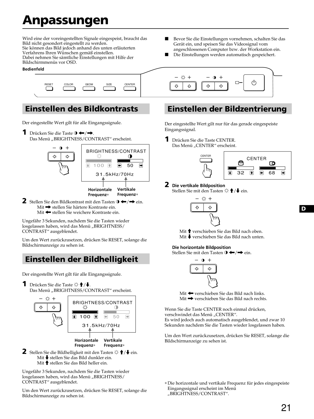 Sony CPD-100ES, CPD-100EST, CPD-200ES, CPD-200EST Anpassungen, Einstellen des Bildkontrasts, Einstellen der Bildhelligkeit 