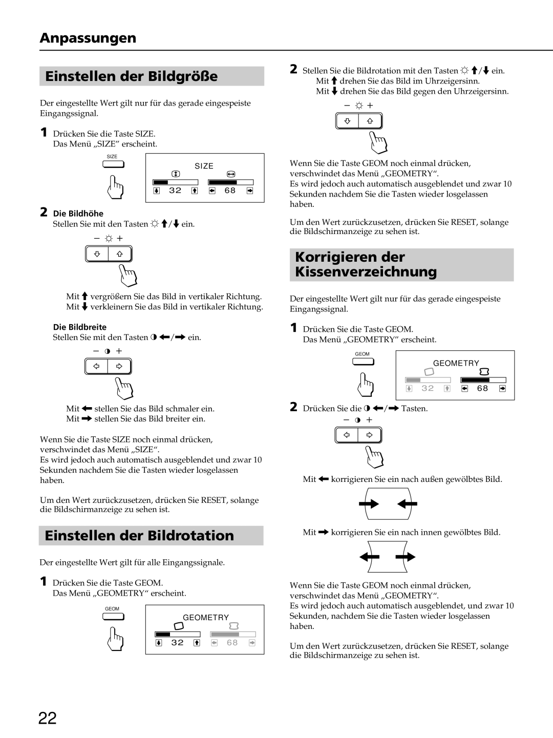 Sony CPD-200ES, CPD-200EST, CPD-100ES, CPD-100EST manual Anpassungen Einstellen der Bildgröße, Einstellen der Bildrotation 