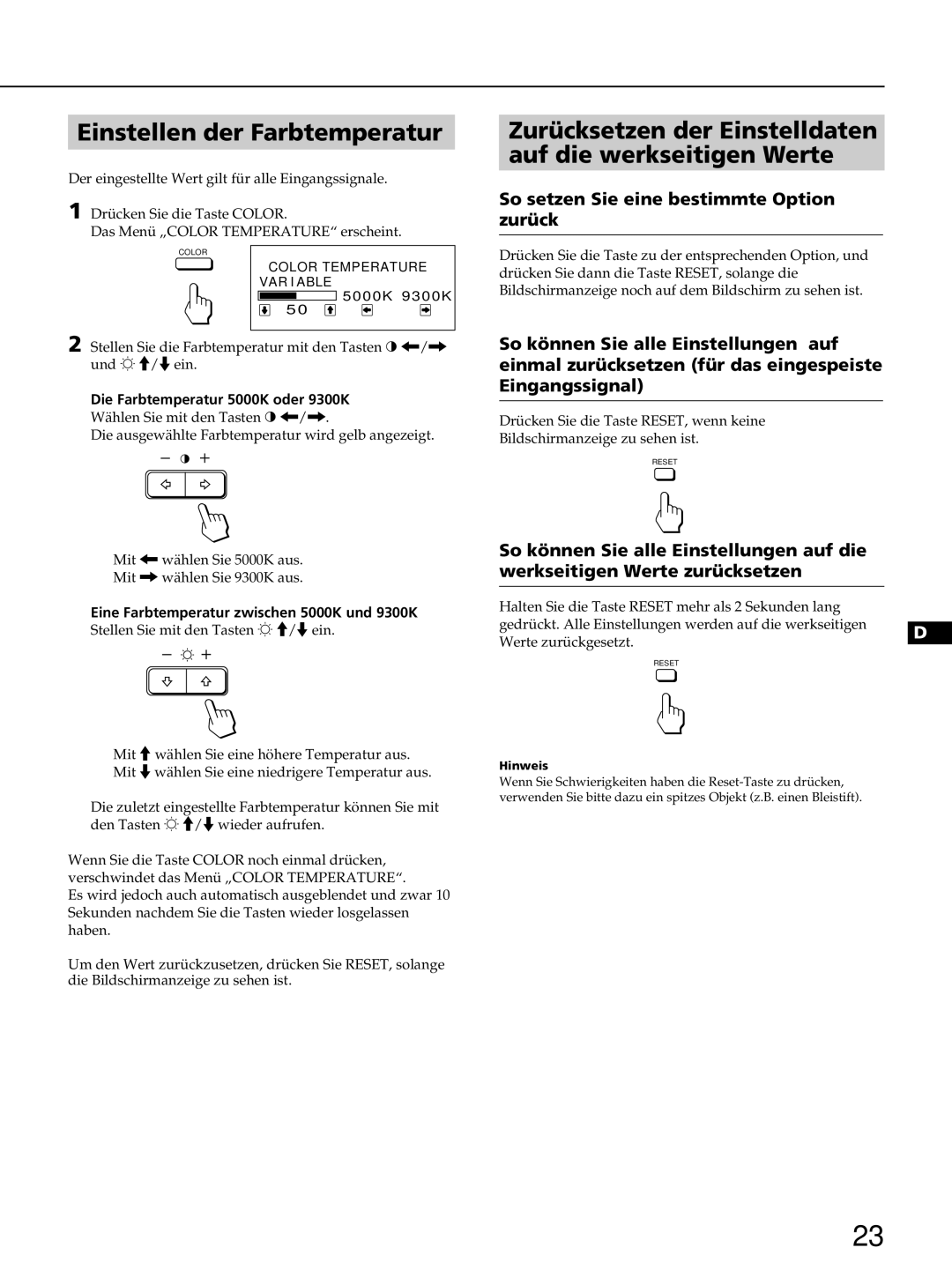 Sony CPD-100ES, CPD-100EST, CPD-200ES, CPD-200EST manual Einstellen der Farbtemperatur, Die Farbtemperatur 5000K oder 9300K 