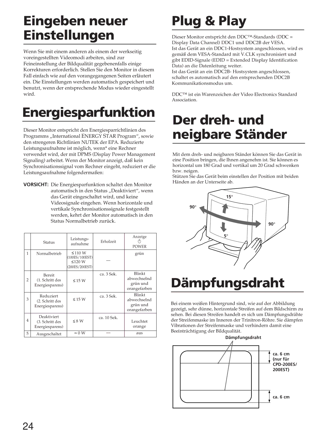 Sony CPD-200ES, CPD-200EST, CPD-100ES, CPD-100EST manual Eingeben neuer Einstellungen, Energiesparfunktion, Plug & Play 