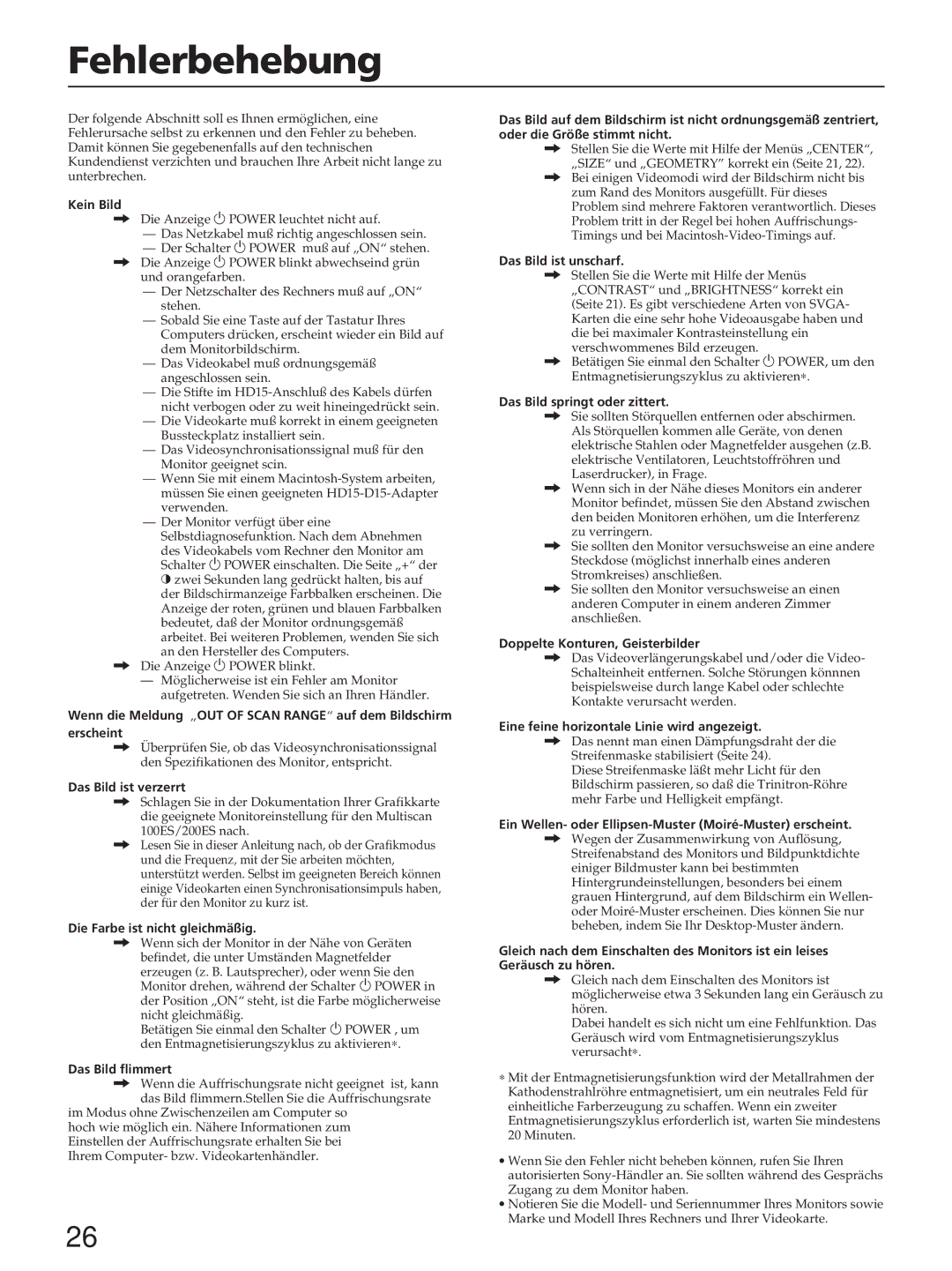 Sony CPD-200ES, CPD-200EST, CPD-100ES, CPD-100EST, CPD-100ES, CPD-100EST, CPD-200ES, CPD-200EST manual Fehlerbehebung 