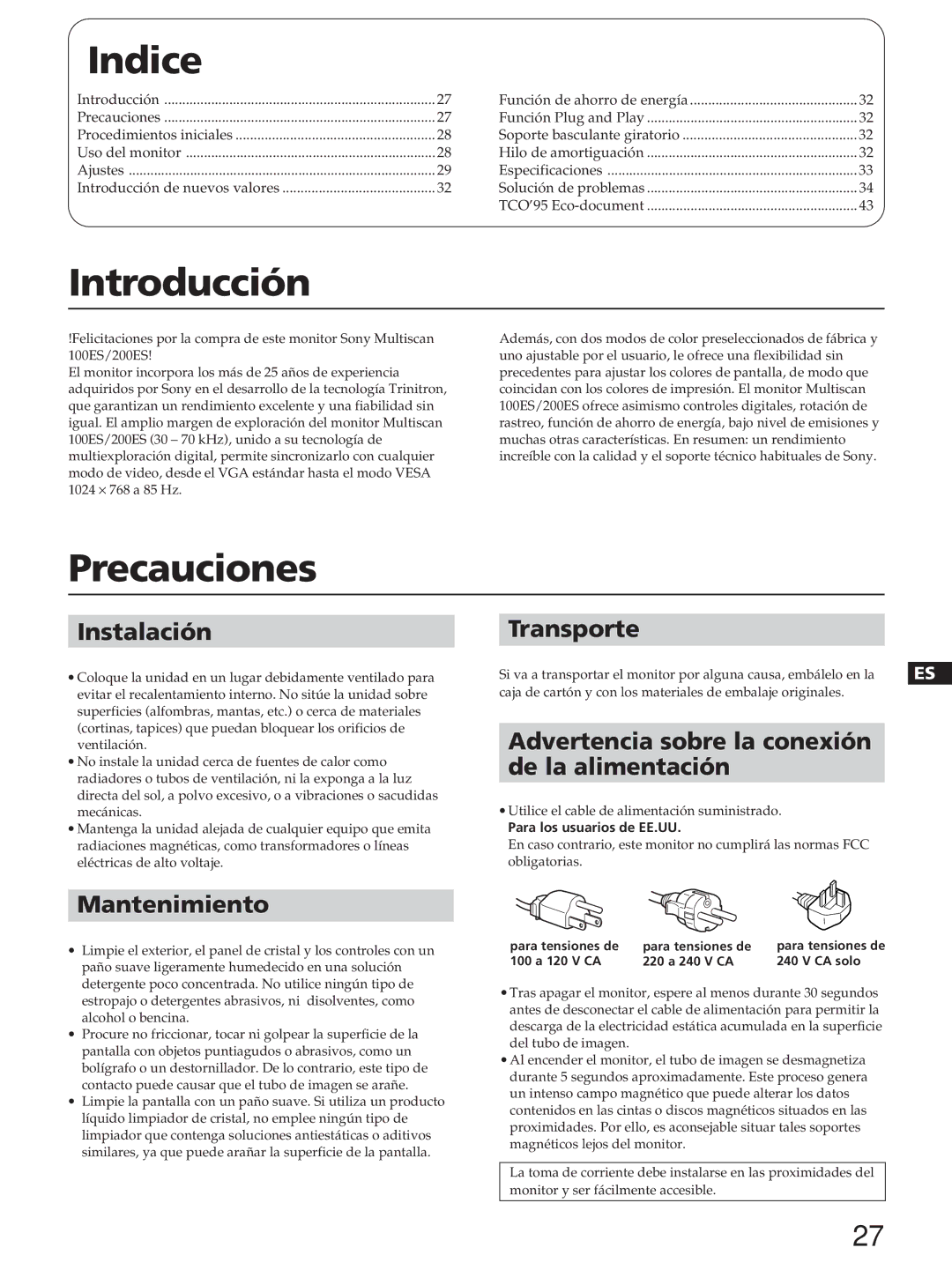 Sony CPD-100ES, CPD-100EST, CPD-200ES, CPD-200EST manual Indice, Introducción, Precauciones 