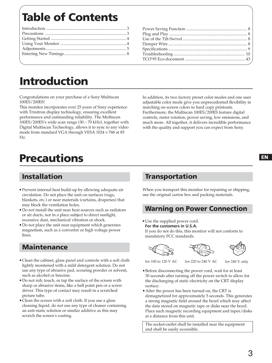 Sony CPD-100ES, CPD-100EST, CPD-200ES, CPD-200EST manual Table of Contents, Introduction, Precautions 