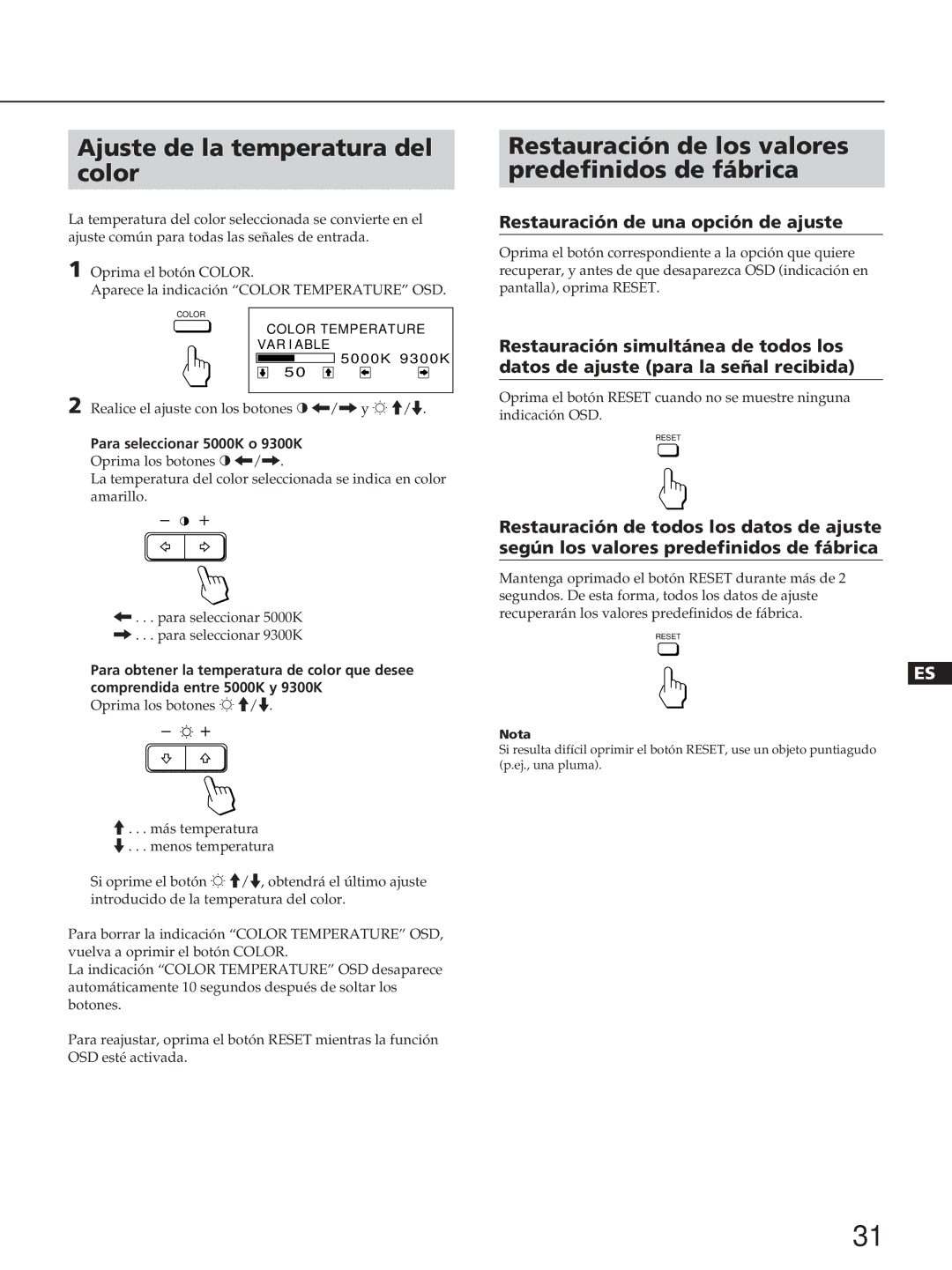 Sony CPD-100ES, CPD-100EST, CPD-200ES, CPD-200EST Ajuste de la temperatura del color, Restauración de una opción de ajuste 