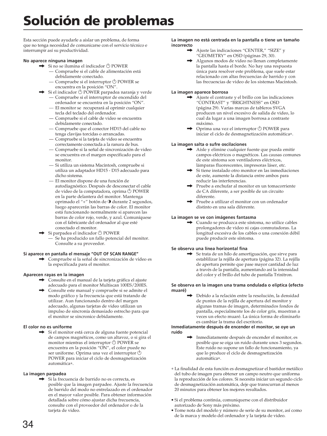 Sony CPD-200ES, CPD-200EST, CPD-100ES, CPD-100EST, CPD-100ES, CPD-100EST, CPD-200ES, CPD-200EST manual Solución de problemas 