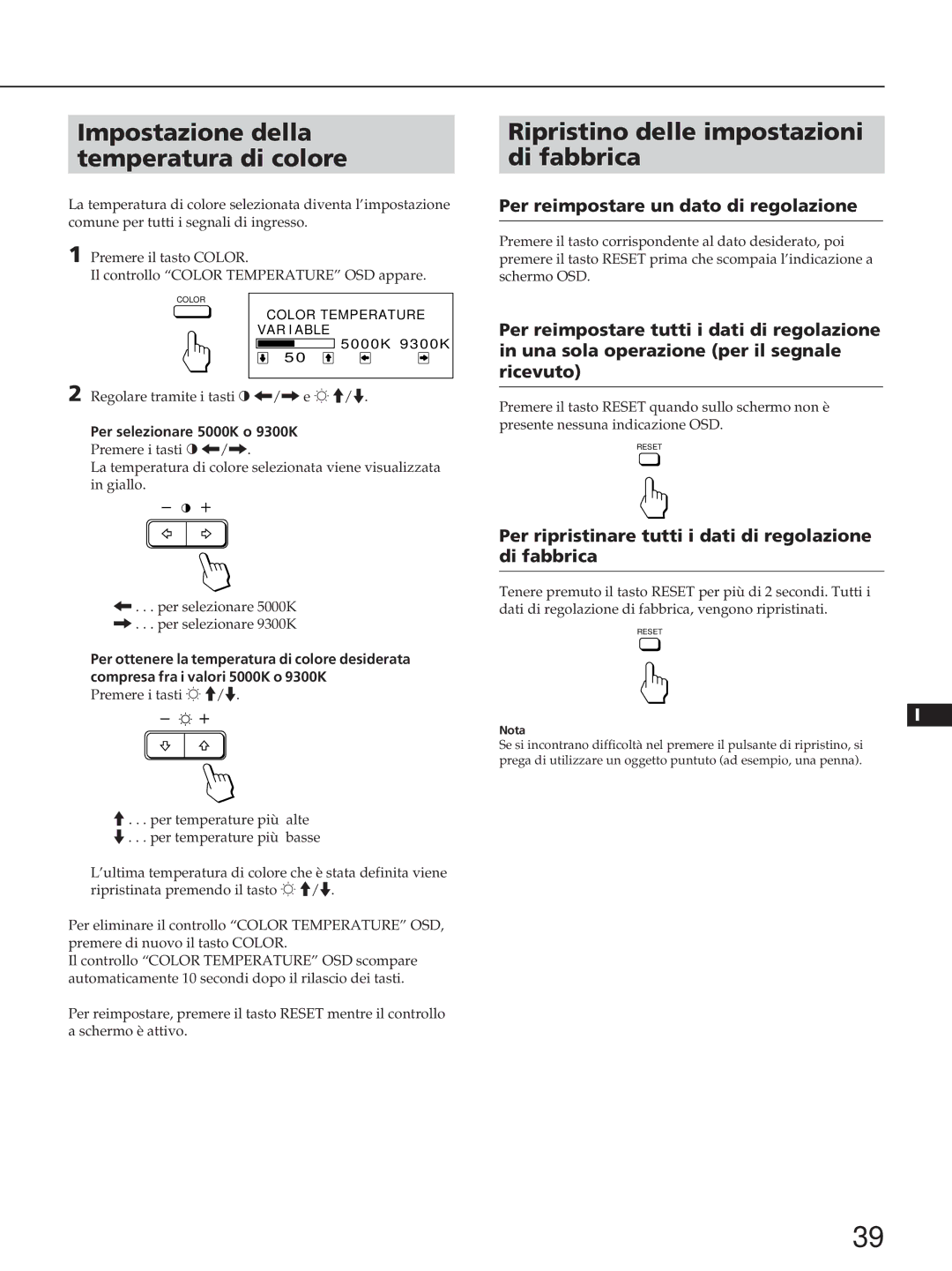 Sony CPD-100ES, CPD-100EST, CPD-200ES, CPD-200EST Impostazione della temperatura di colore, Per selezionare 5000K o 9300K 