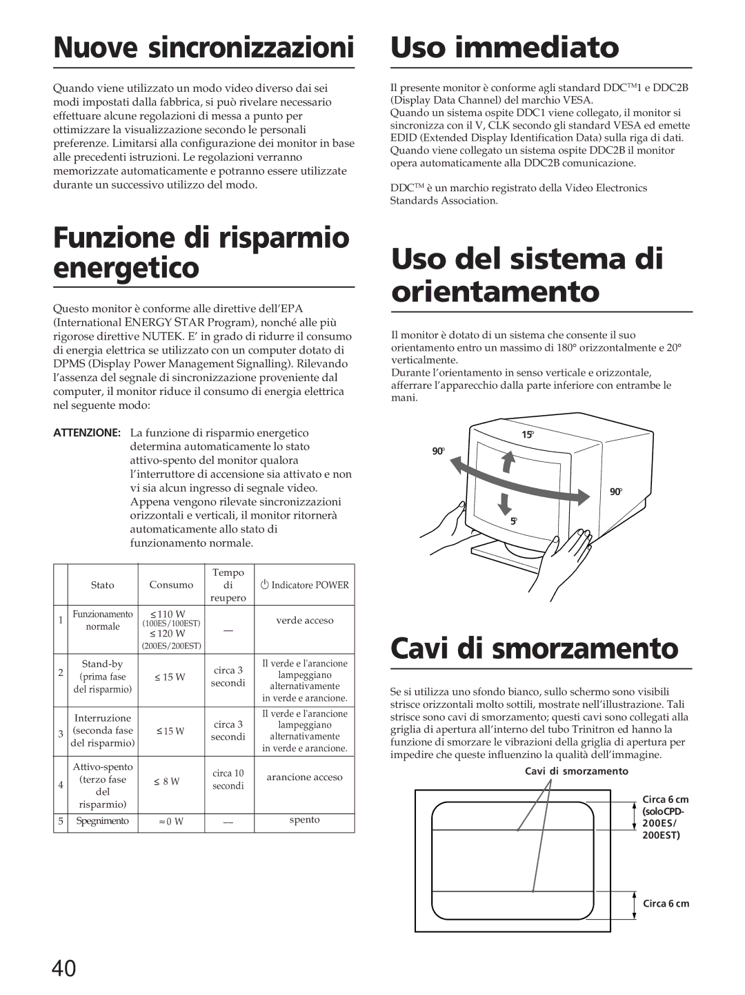 Sony CPD-200ES, CPD-200EST, CPD-100ES, CPD-100EST Nuove sincronizzazioni, Uso immediato, Uso del sistema di orientamento 