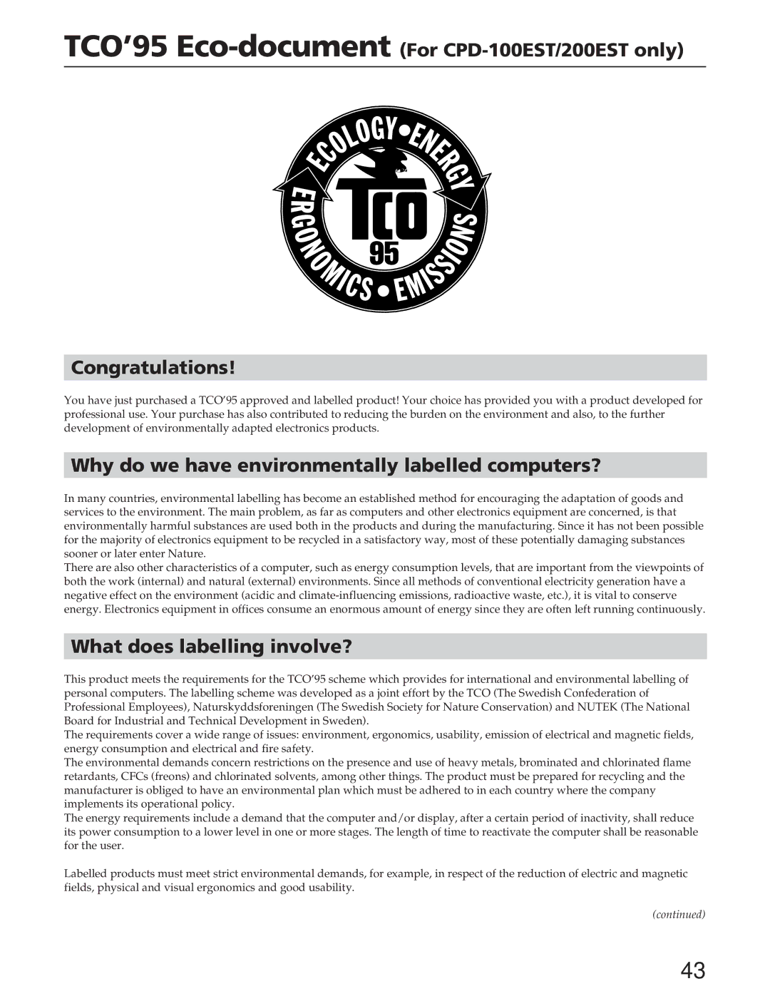 Sony CPD-100ES, CPD-100EST, CPD-200ES, CPD-200EST manual Why do we have environmentally labelled computers? 