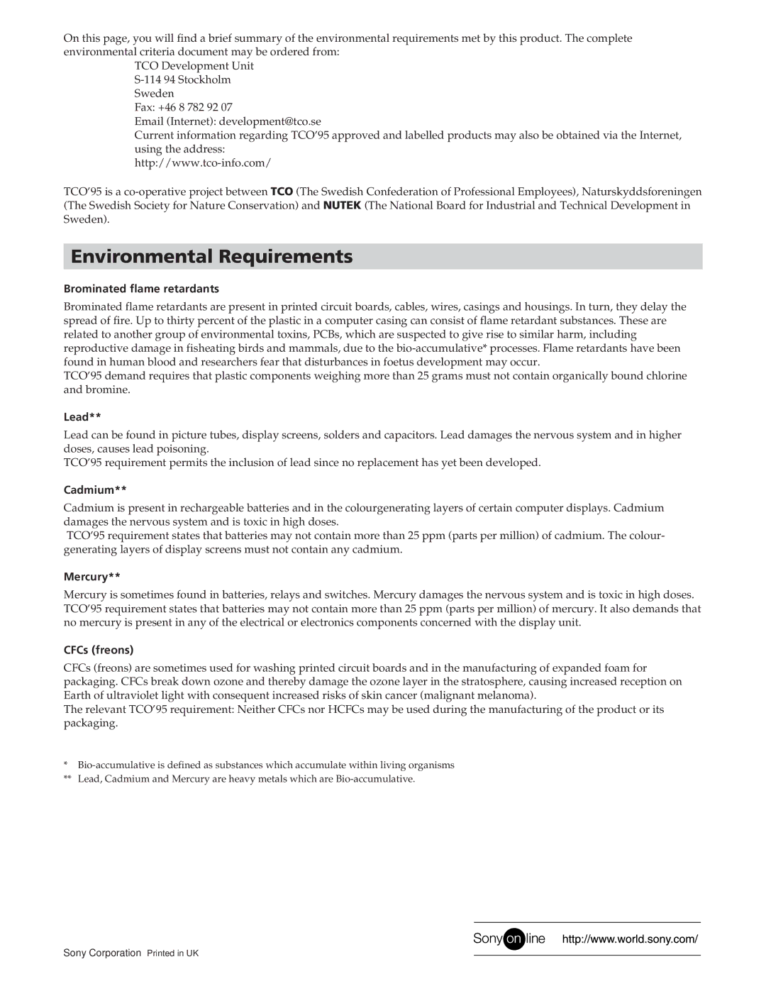 Sony CPD-200ES, CPD-200EST, CPD-100ES, CPD-100EST, CPD-100ES, CPD-100EST, CPD-200ES, CPD-200EST Environmental Requirements 