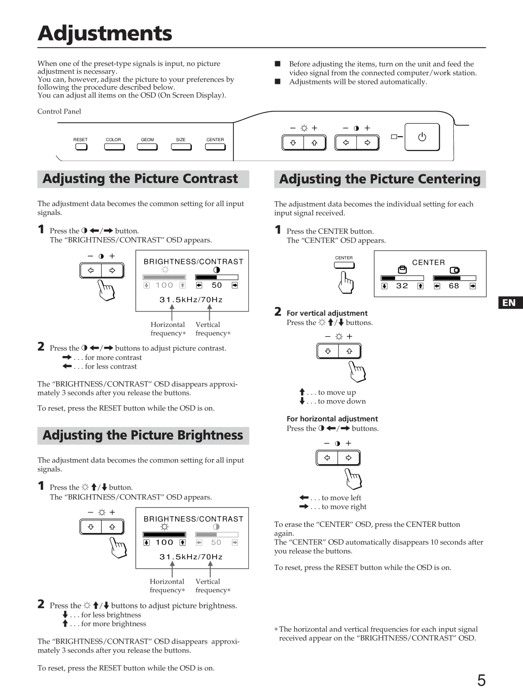 Sony CPD-100ES, CPD-100EST, CPD-200ES, CPD-200EST Adjustments, Adjusting the Picture Brightness, For vertical adjustment 