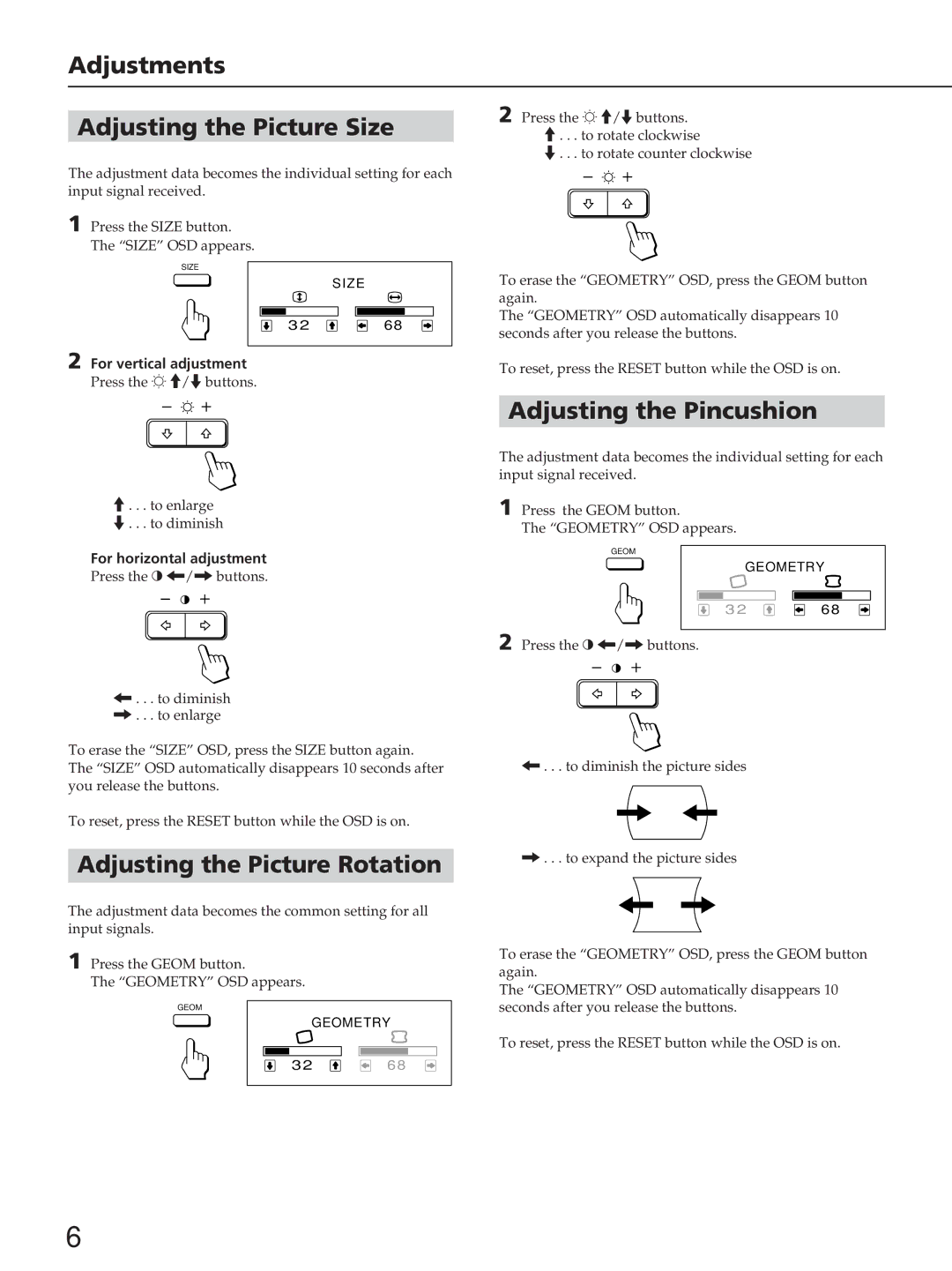 Sony CPD-200ES, CPD-200EST, CPD-100ES, CPD-100EST manual Adjustments Adjusting the Picture Size, For horizontal adjustment 