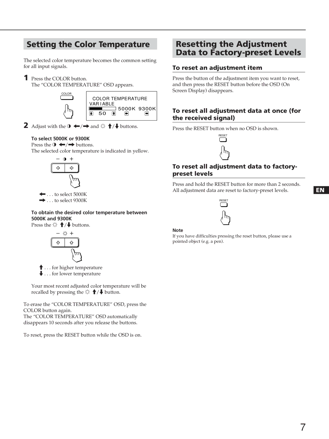 Sony CPD-100ES, CPD-100EST, CPD-200ES, CPD-200EST manual Setting the Color Temperature, To reset an adjustment item 