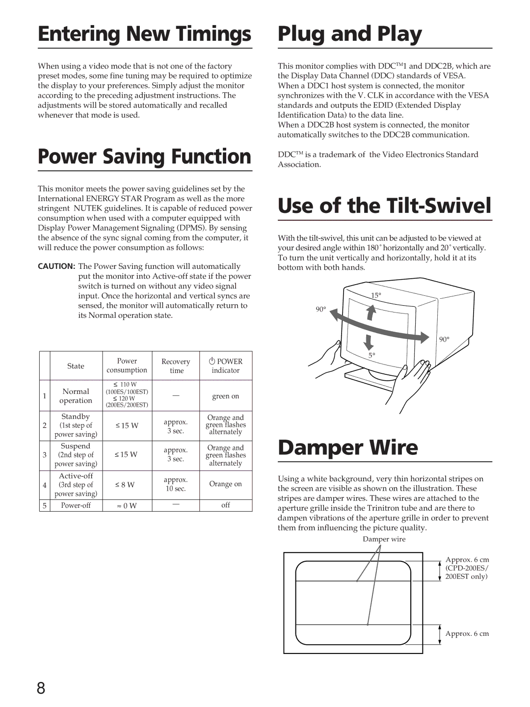 Sony CPD-200ES, CPD-200EST, CPD-100ES, CPD-100EST Entering New Timings, Power Saving Function, Plug and Play, Damper Wire 