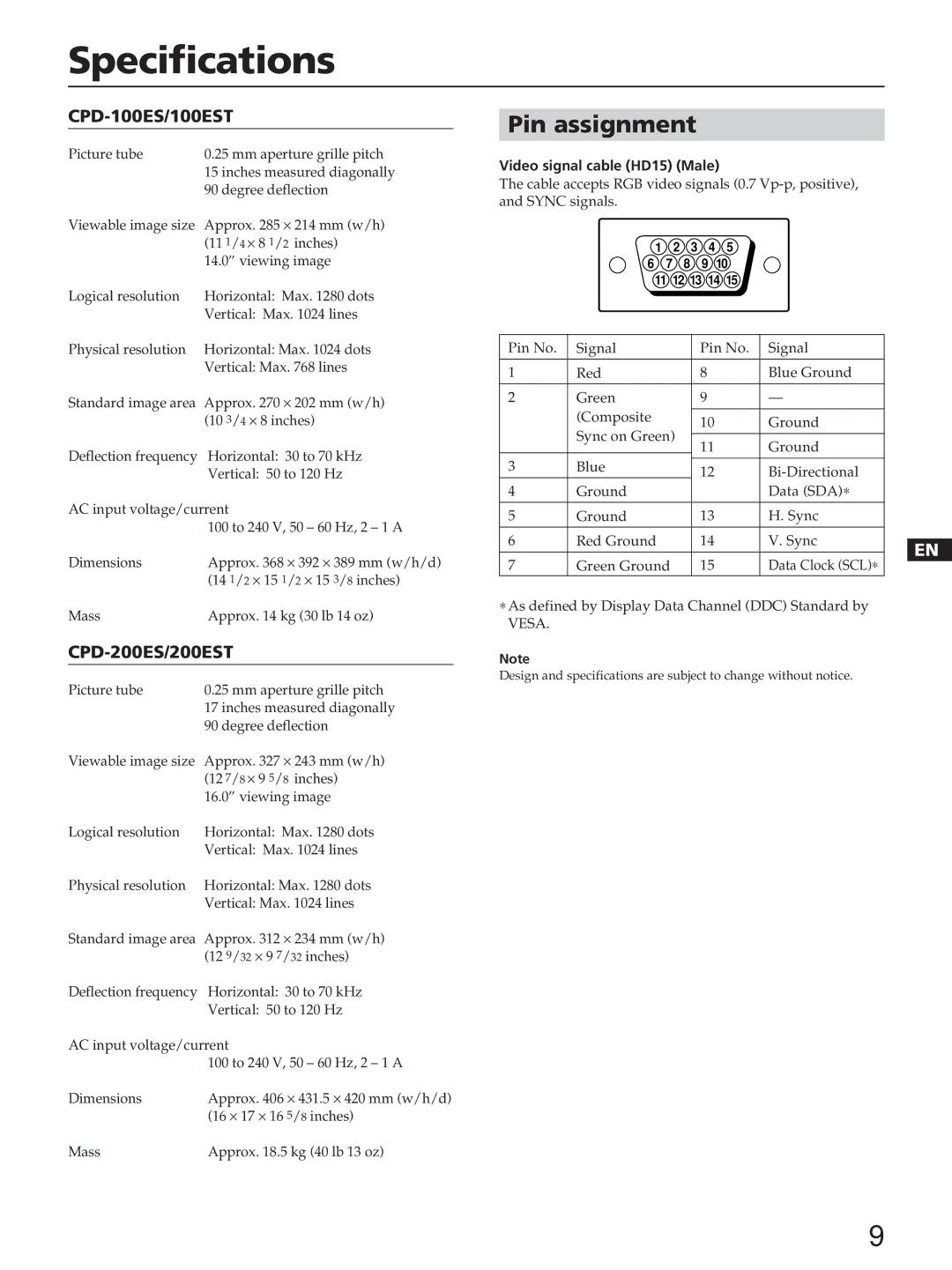 Sony CPD-100ES, CPD-100EST, CPD-200ES, CPD-200EST manual Specifications, Pin assignment, CPD-100ES/100EST, CPD-200ES/200EST 