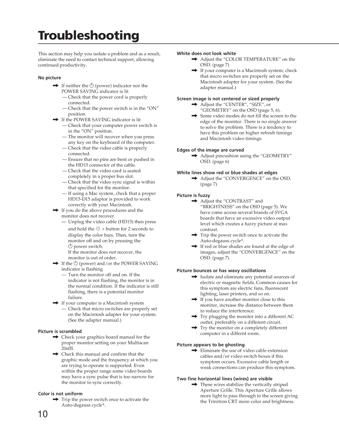 Sony CPD-20SF2T5 manual Troubleshooting 