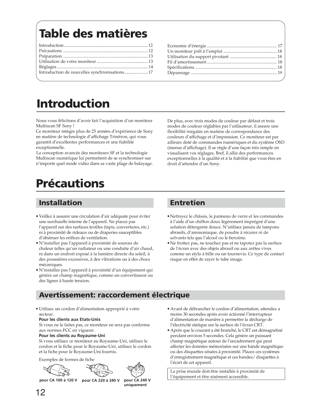 Sony CPD-20SF2T5 manual Table des matières, Précautions, InstallationEntretien, Avertissement raccordement électrique 